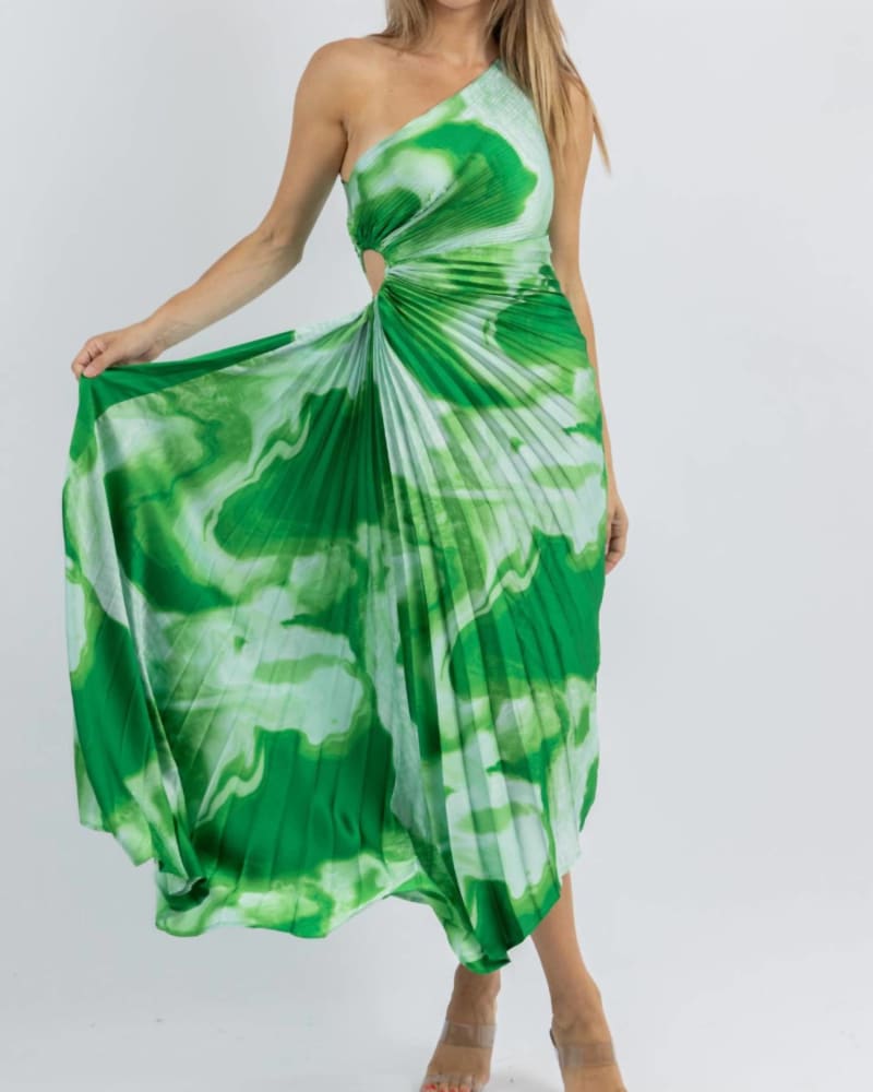 Front of a model wearing a size L Surf Club Midi Dress In Green in Green by LUXXEL. | dia_product_style_image_id:354829